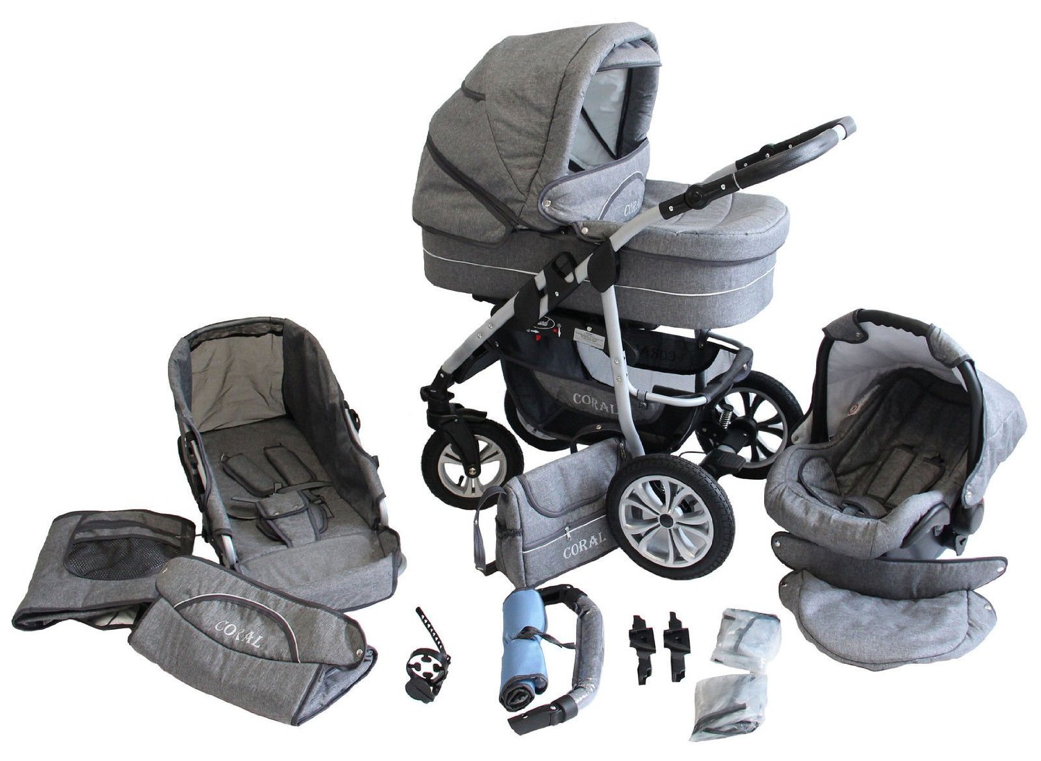 Kinderwagen 3 In 1 Komplettset - Zusammenklappbarer Kombi-Kinderwagen Mit  Babyschale, Grau, Fr 0-36 Monate Kombikinderwagen Reisesystem